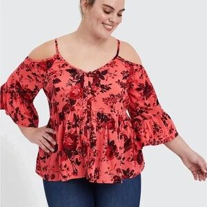 Torrid Coral Floral Cold Shoulder Top NWT